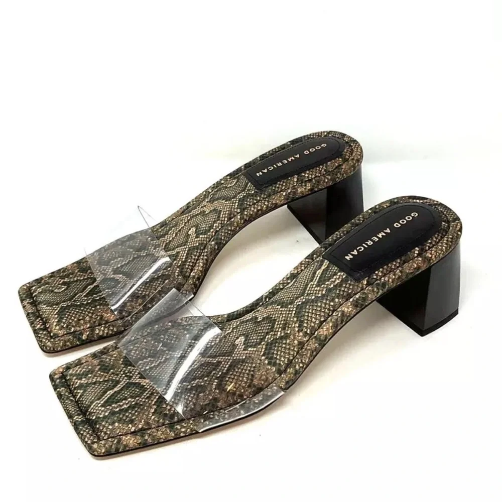 Good American Block Heel Slide Sandal Desert Snake Size 6.5